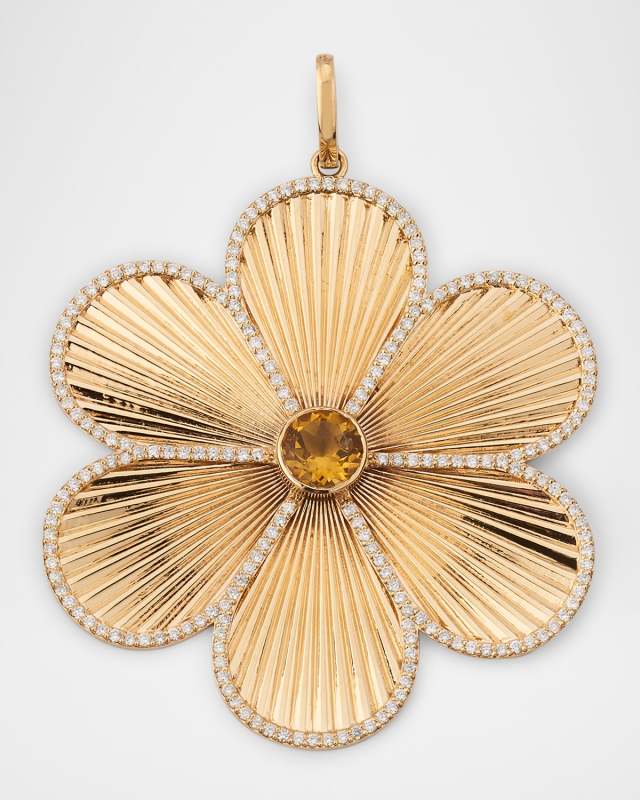 14K Yellow Gold Fluted Flower Diamond and Citrine Charm Necklace